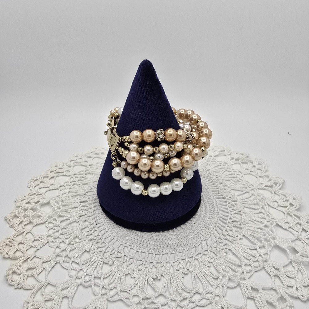 Vintage Imitation Pearl Bracelet Torque Pave Rhinestone 6 Strands 6" - Picture 4 of 7